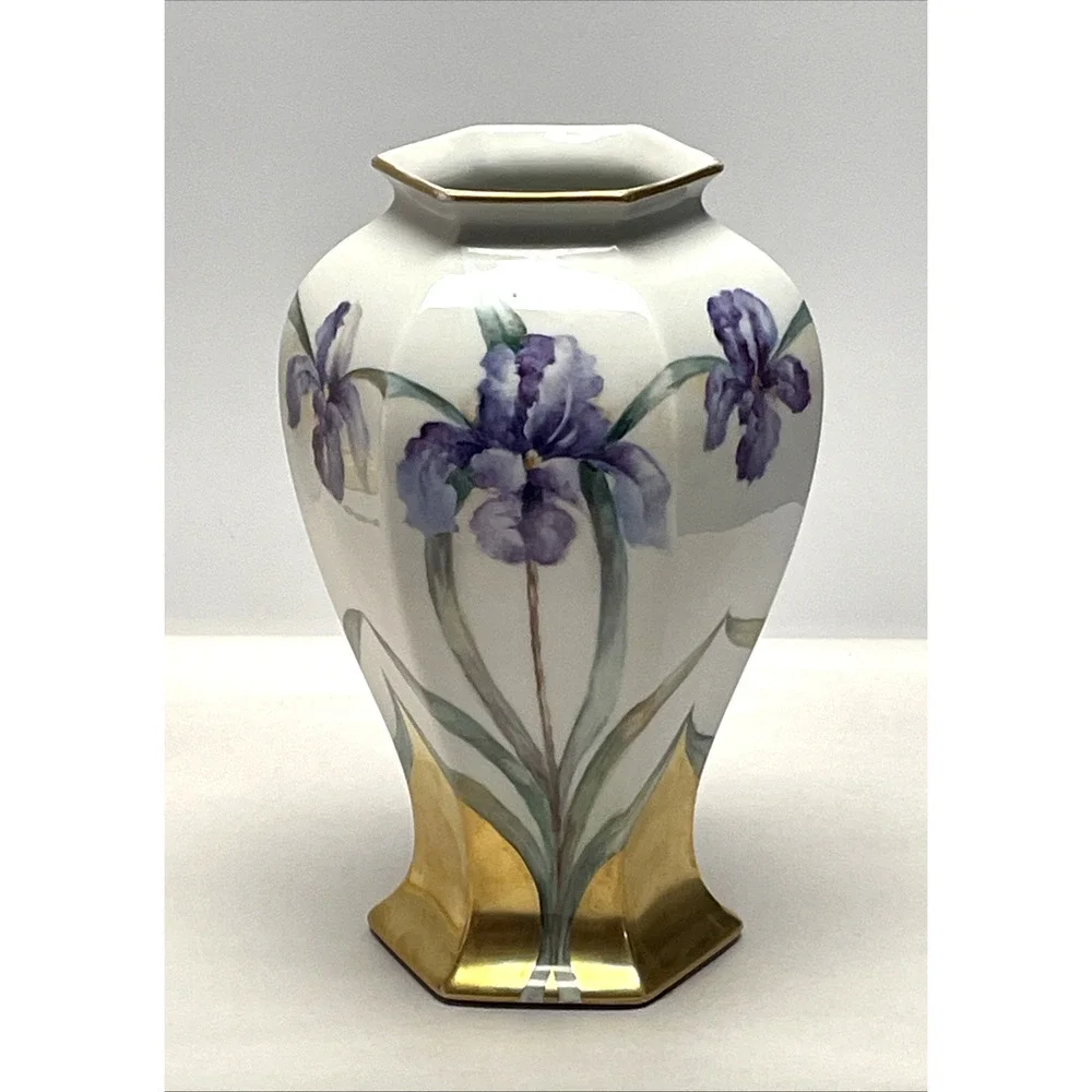 Antique Limoges Bernardaud &C France Hand Painted Iris Vase 1919 Hexagonal 11.5
